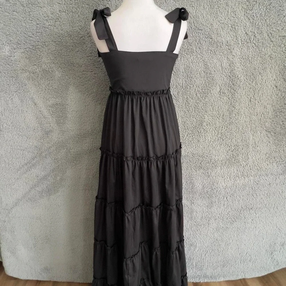 Black tiered, maxi dress tie straps dark cottage, core romantic size 4